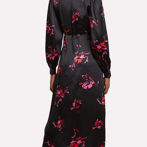 GANNI Women's Black Floral Print Satin Wrap Dress - Picture 5 of 8